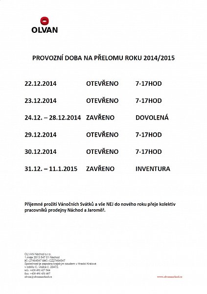 Provozní doba na konci roku 2014