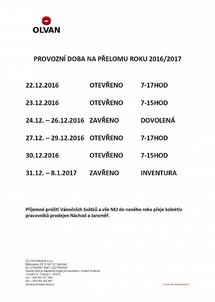 Otevírací doba 2016 - 2017