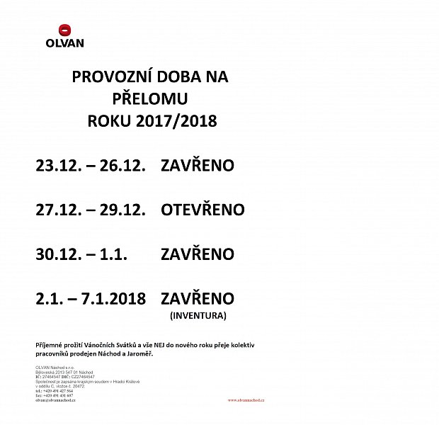Otevírací doba 2017 - 2018